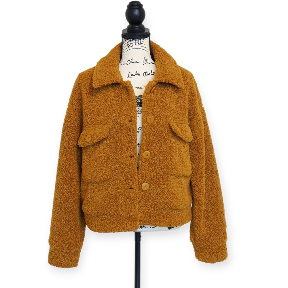 Sanctuary Faux Sherpa Cropped Trucker Jkt Teddy Fleece Button Front Camel Sz XL - Picture 4 of 9